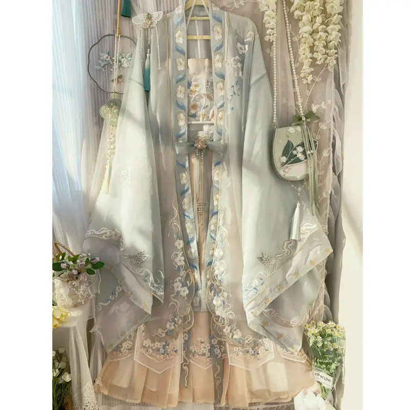 Hanfu Женская тяжелая промышленная Вышивка, рубашка с большим рукавом, юбка на талии для весны и лета, традиционное китайское платье