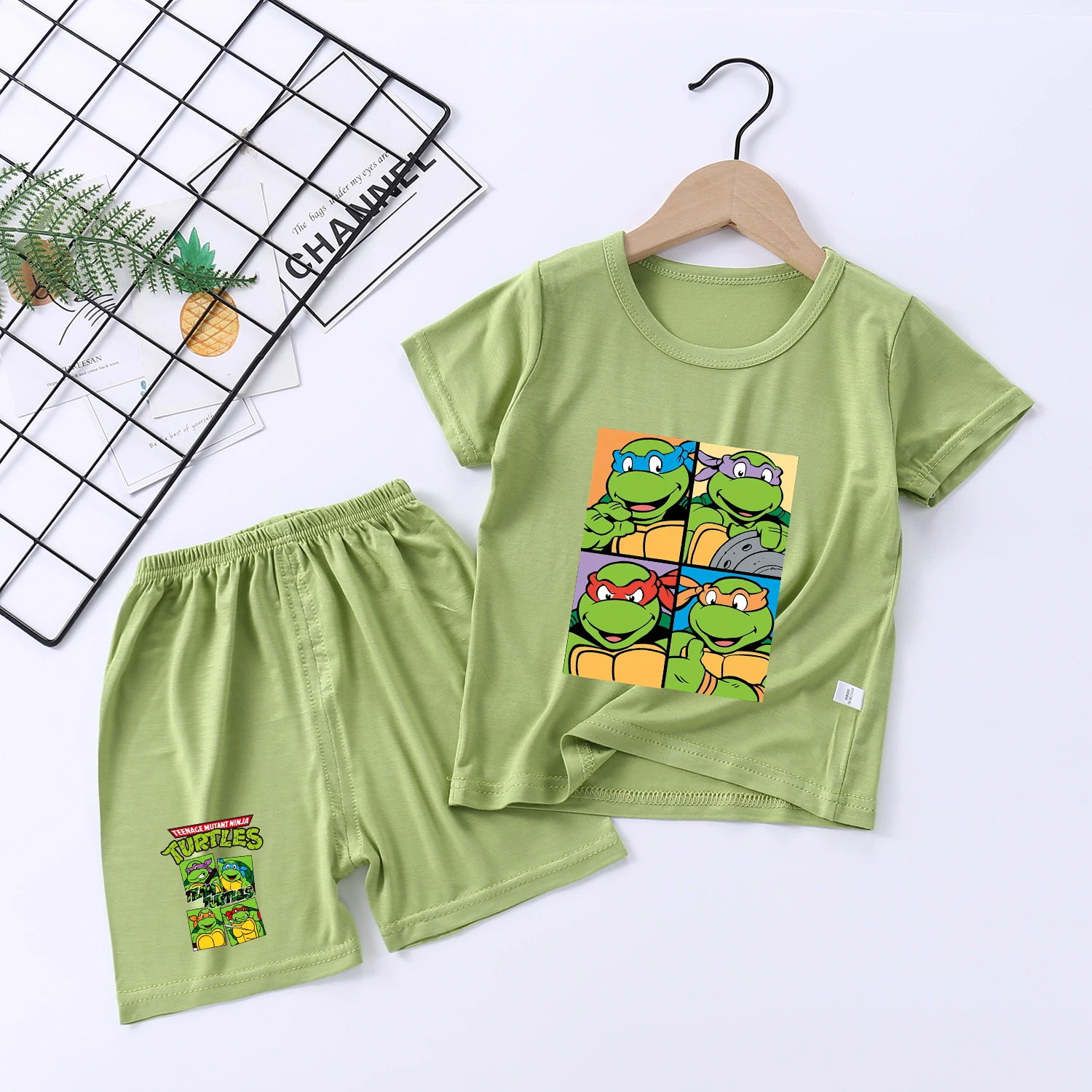 Фото TMNT, мутантные Черепашки-ниндзя, Детские пижамные костюмы, аниме, мультяшный принт, детские пижамы, комплект, топы с коротким рукавом, шорты, комплект из 2 предметов, лето №4