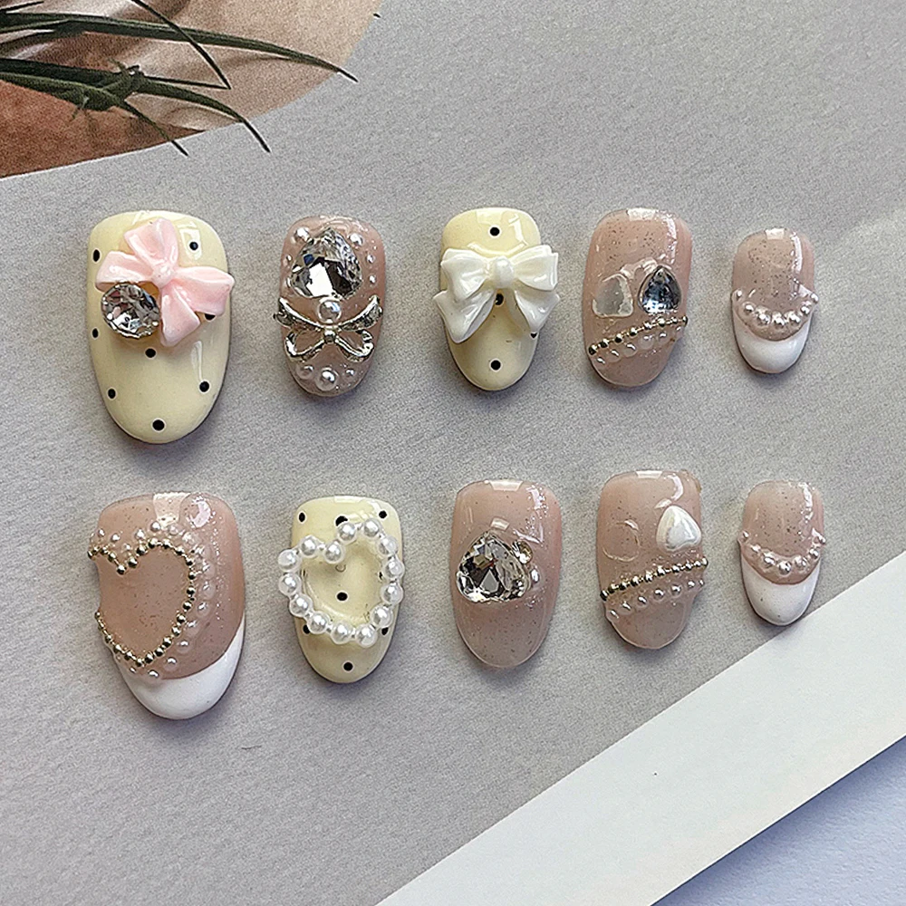 Kawaii милый короткий эллипс нажмите на белом французском накладные ногти с бантом и жемчугом, блестящие стразы, накладные ногти, браслет с кристаллами, набор колец