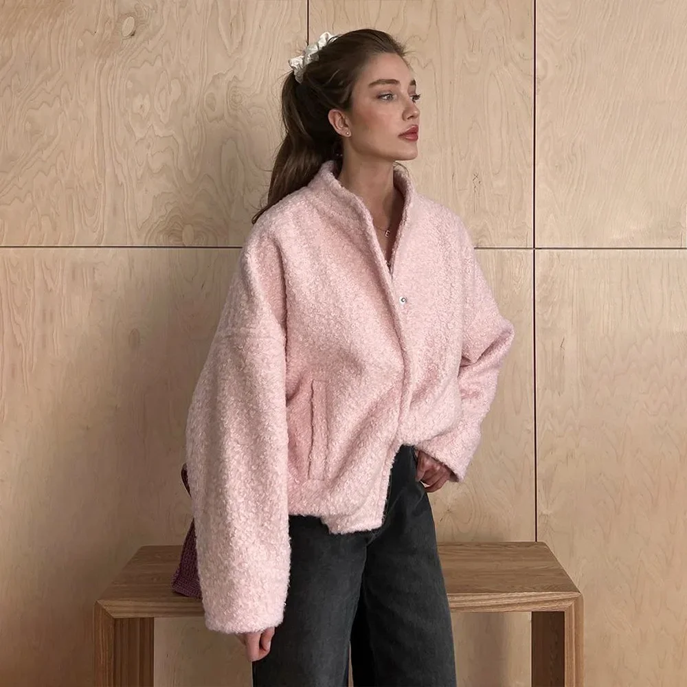 Фото Women's Chic Pink Short Fur Jackets Loose Casual Cardigan Female Tops Autumn Winter Thick Warm Fashion Solid Color Short Coat №3
