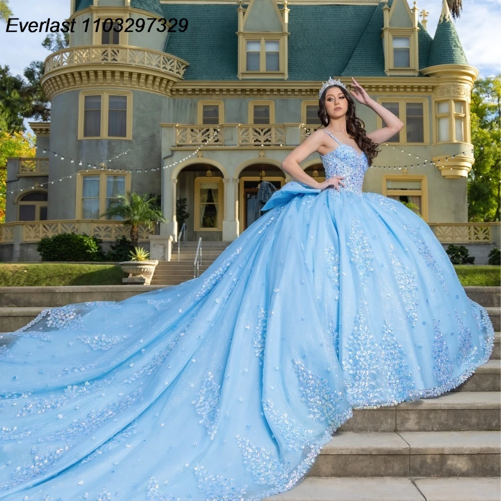 Фото EVLAST блестящее розовое платье Quinceanera по индивидуальному заказу, бальное платье с кружевной аппликацией и кристаллами из бисера, милое платье 16, Vestido De 15 Anos E1Q04 №3