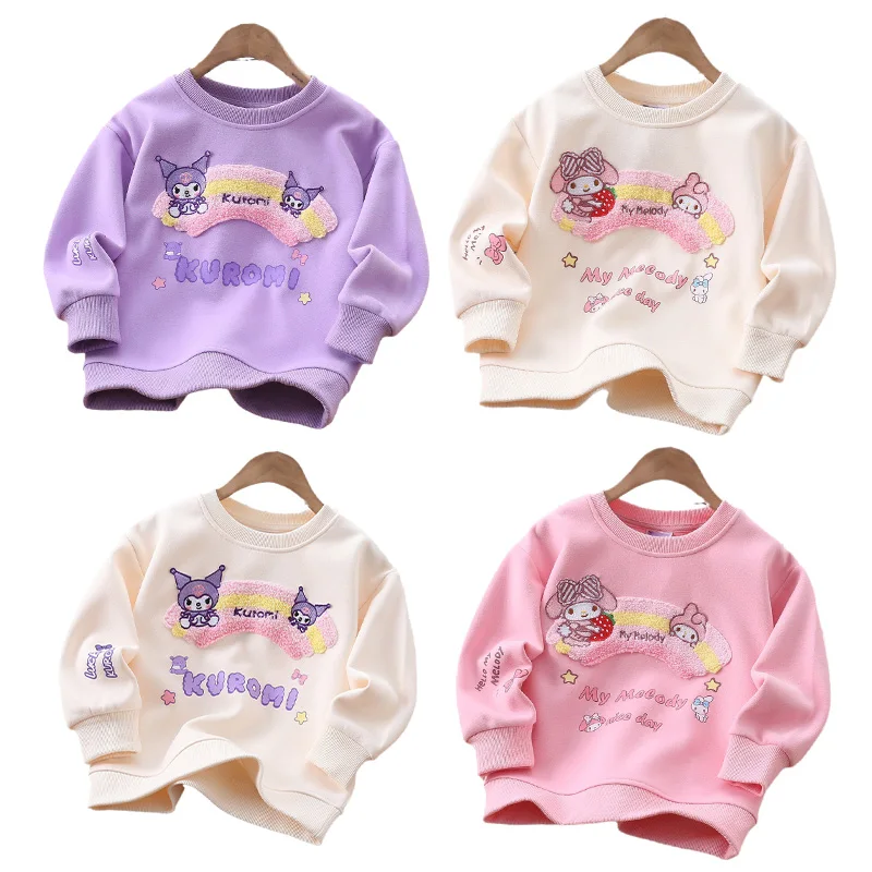Осенняя детская одежда Sanrios с аниме Mymelody Kuromi, Детский свитер с круглым вырезом и вышивкой в виде радужной расцветки