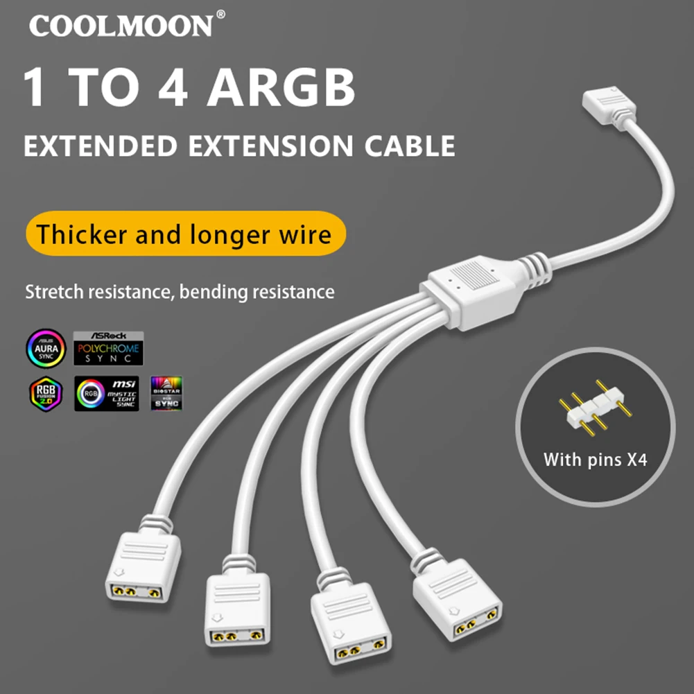 COOLMOON от 1 до 2/3/4 ARGB, шасси, фоторазъем 5 В, 3PIN, кабель-удлинитель для материнской платы, устойчивый к разрыву для компьютера, Chass