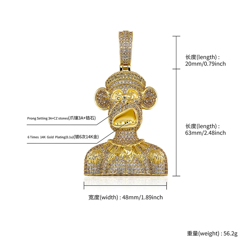 Фото Хип-хоп Micro Paved 3A+ Цирконий Bling Iced Out Ape Мужские Подвески Ожерелья для Мужчин Рэпер Ювелирные Изделия Золото Серебро Цвет №2
