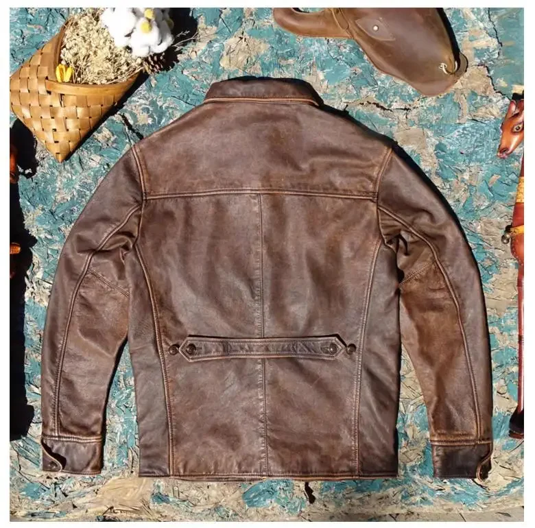 Фото LNY Shop Best. Брендовая Классическая Повседневная куртка из натуральной кожи. Ретро матовое пальто из воловьей кожи в автомобиле. Винтажная коричневая кожаная ткань. Натуральная кожа №4