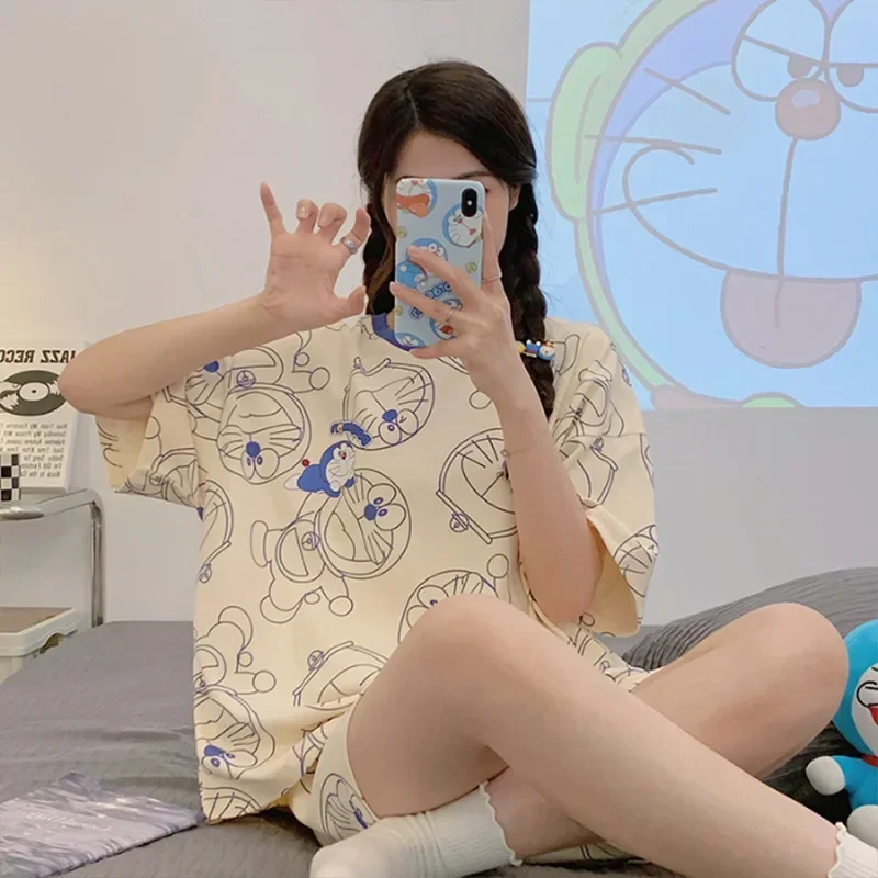 Пижама Doraemon, женский летний костюм с шортами с коротким рукавом, домашняя одежда для студентов с мультяшным рисунком, одежда для сна, ночная рубашка