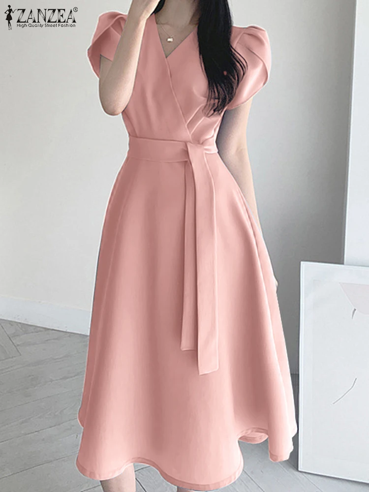 ZANZEA Элегантное летнее платье с коротким рукавом Женская мода OL Рабочий сарафан Robe Femme Повседневное однотонное платье трапециевидной формы Vestido Kaftan Sarafans