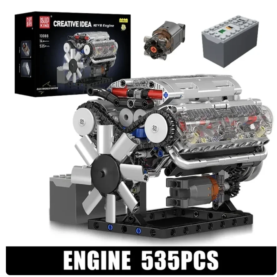 Набор строительных блоков Mould King 10088 Technik, модель двигателя № V8 с электроприводом, креативная развивающая игрушка