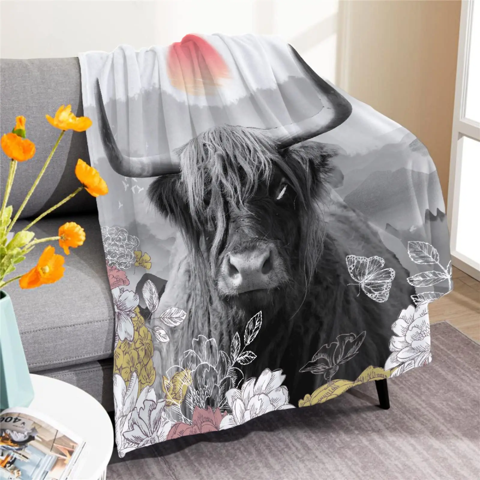 Selimut Kulit Sapi Coklat flanflanflanflanflanel Pemandangan pedespedespedespedessapi Dataran Tinggi Lembut Hangat Selimut Tempat Tidur Ringan Untu