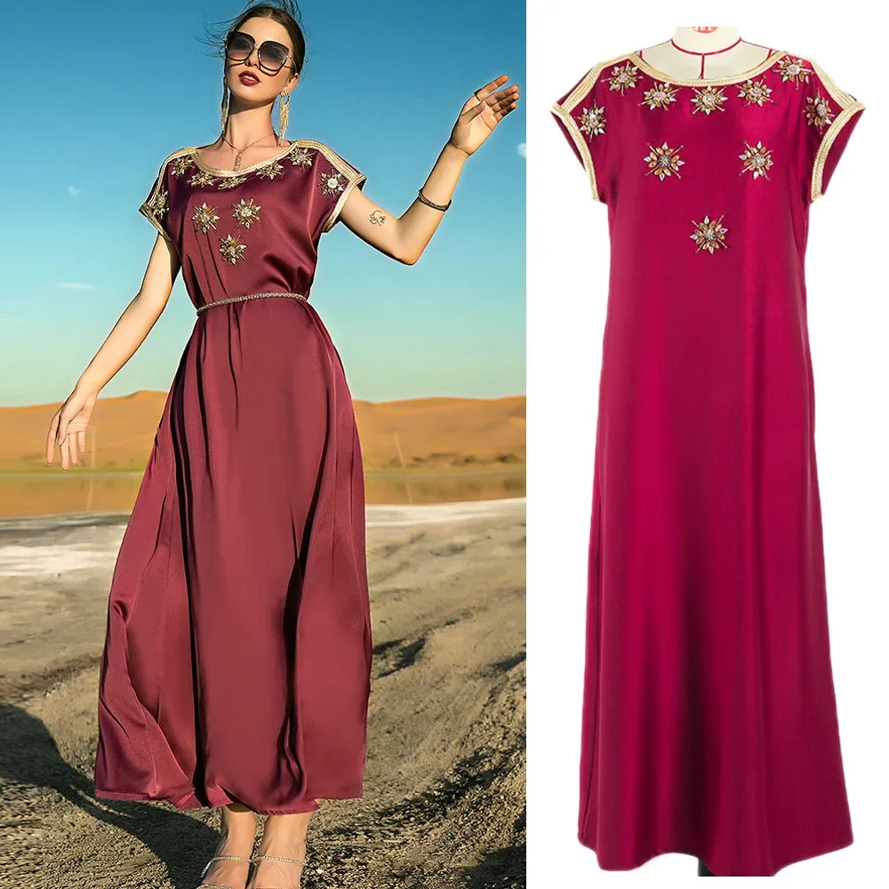 Марокканская мусульманская Абая, арабское женское длинное платье, летнее платье с коротким рукавом, ислам Джалабия, Рамадан, кафтан со стразами, вечернее платье Ид Мубарак