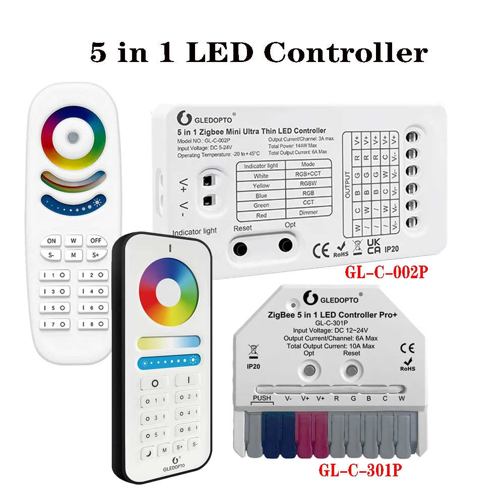 Контроллер светодиодных лент GLEDOPTO ZigBee3.0 Ultra Mini 5 в 1, используемый для RGBCCT/RGBW/RGB/CCT/диммерных лент