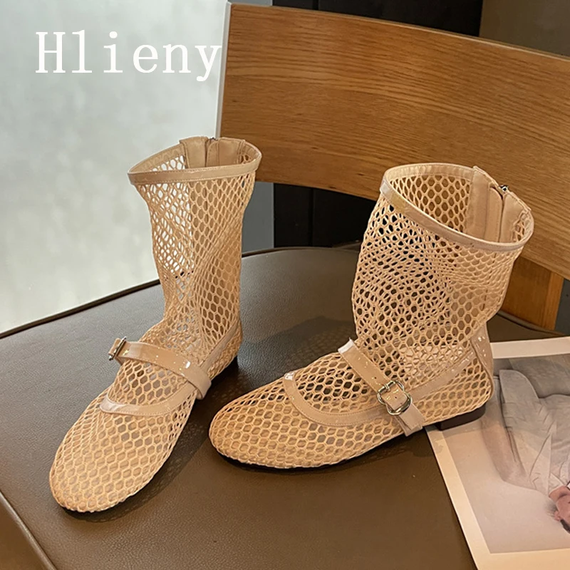 Фото Hlieny/летние женские ботинки из дышащей сетки с пряжкой и ремешком, туфли на плоской подошве с круглым носком и молнией, размер 35-43 №3