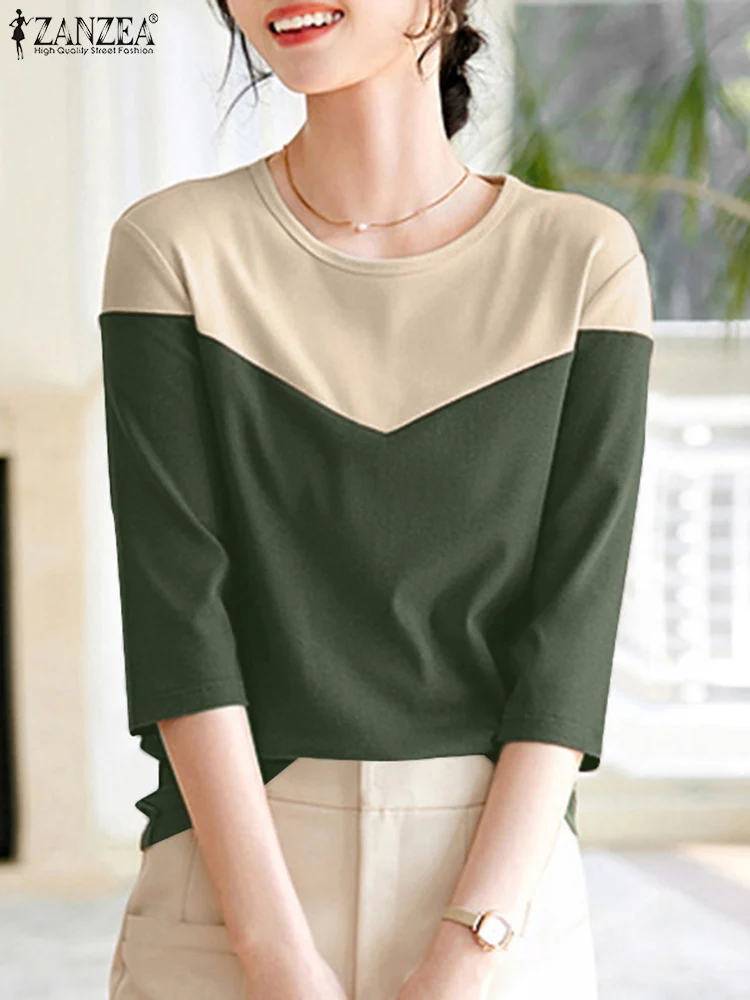 ZANZEA 2024, осенние женские Blusas Mujer, корейские модные элегантные свободные повседневные футболки с коротким рукавом и круглым вырезом, блузки, футболки