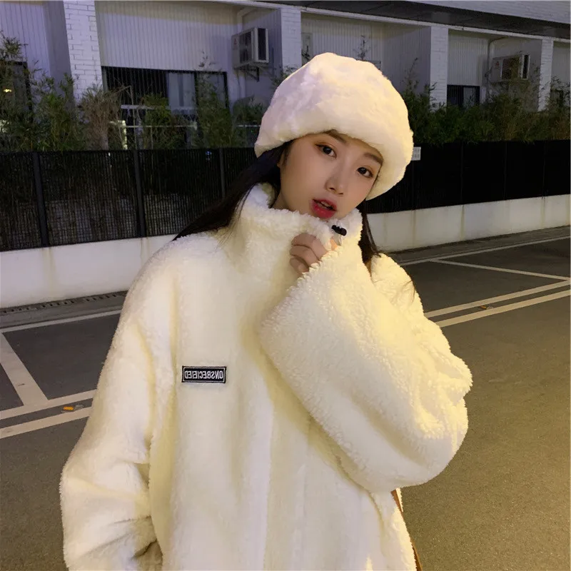 Фото Зимний Dikker Lamswollen Jas Nepbont Warm Stand Kraag Bovenkleding Vrouwelijke Rits Losse Jas Кофты met volledige mouwen №5