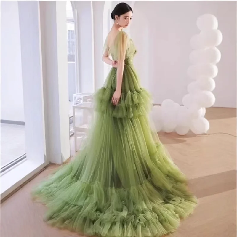 Длинное зеленое тюлевое свадебное платье 웨딩드레스 A-Line Sweetheart Vestido de novia со шлейфом и шнуровкой сзади Вечернее платье для женщин