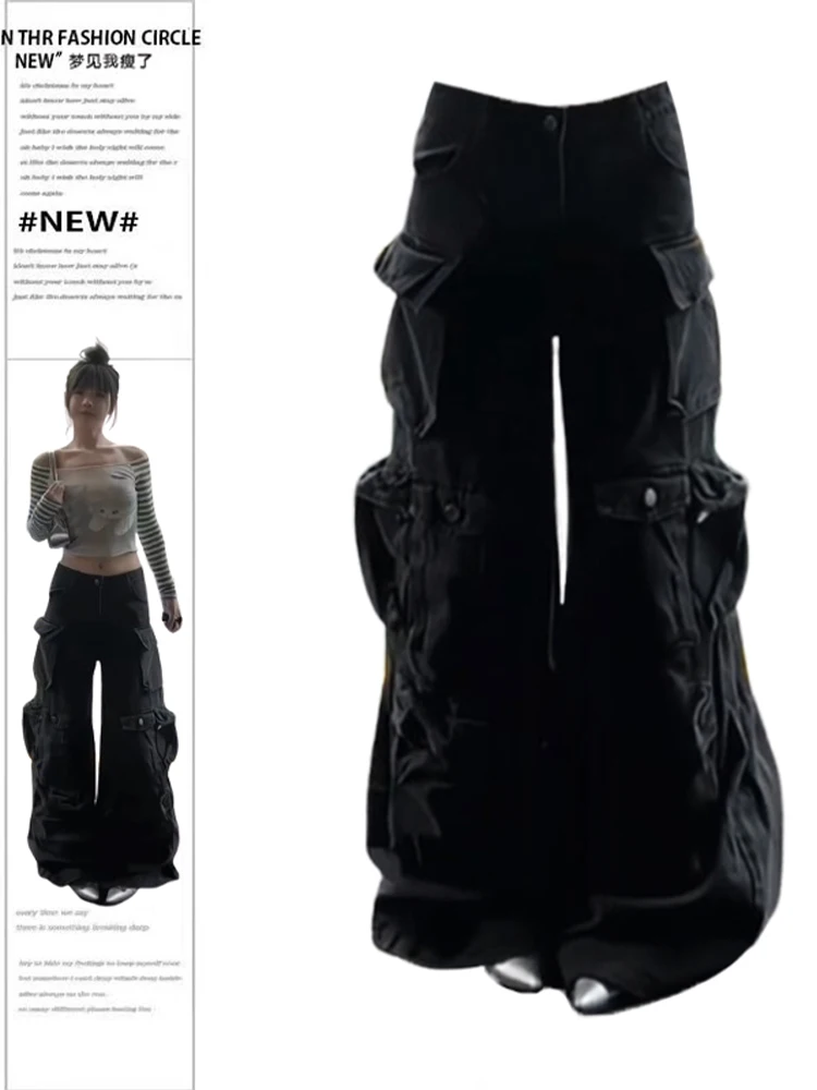 Женские джинсовые брюки Tomboy Dark Academia Cargo Jean Grunge с несколькими карманами, японский Abi Y2K, джинсовые брюки в стиле гранж Goblin Core, Harajuku, панк, мешковатые