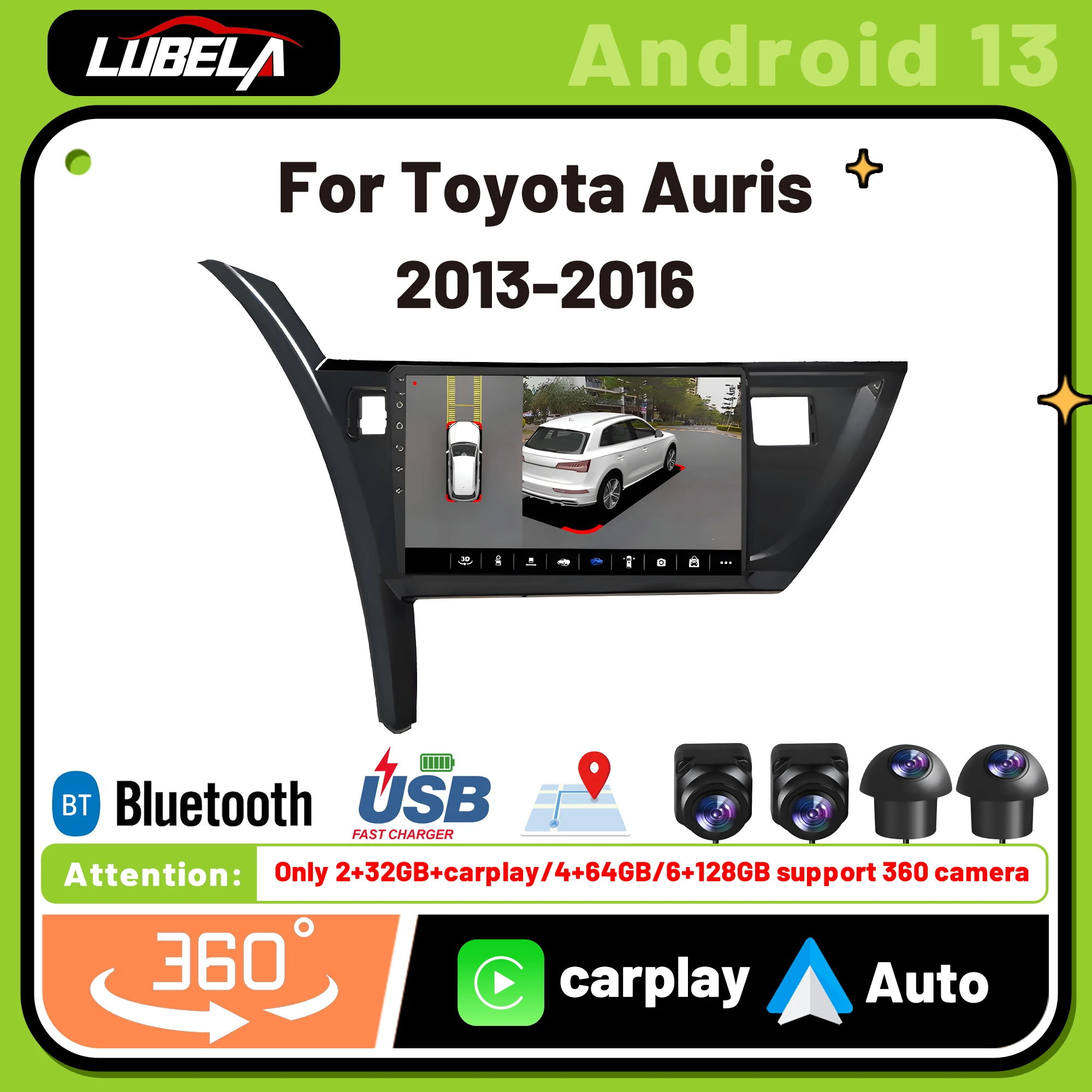 Автомагнитола Carplay, 2 Din, Android, 4G, Wi-Fi, GPS, RDS радио для Toyota Auris 2013, 2014, 2015, 2016, мультимедиа, 360, камера, DVD-плеер