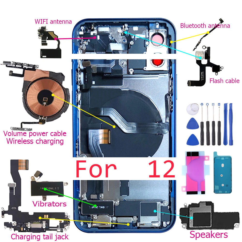 Полный задний корпус с гибким шлейфом для iPhone 12, 12pro, 12p, зарядный порт, громкость питания, высококачественный кабель