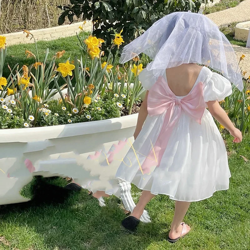 Испытательность Xo Brugze grande fiocco Vestito Coreano Abbigliamento пер bambini maniche a sbuffo aperto sul retro fascino bian