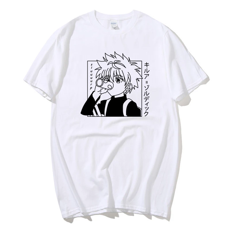 Фото Kawaii Hunter X футболка с изображением охотника Мужская футболка с коротким рукавом Killua Zoldyck с круглым вырезом из мягкого хлопка в стиле аниме Манга футболки одежда №2