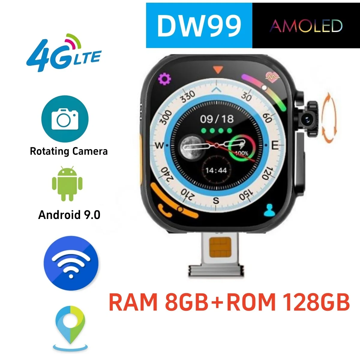 Смарт-часы DW99 S9 на Android 9,0, 2,2 дюйма, 448*528, 180 ГБ