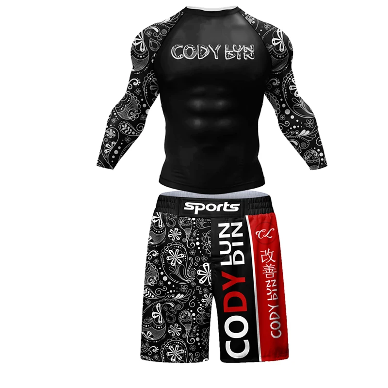 Фото BJJ Rashguard MMA футболки + брюки мужские спортивные топы для фитнеса 4 шт./комплект боксерские трикотажные изделия Муай Тай компрессионные ММА кикбоксинг спортивный костюм №2