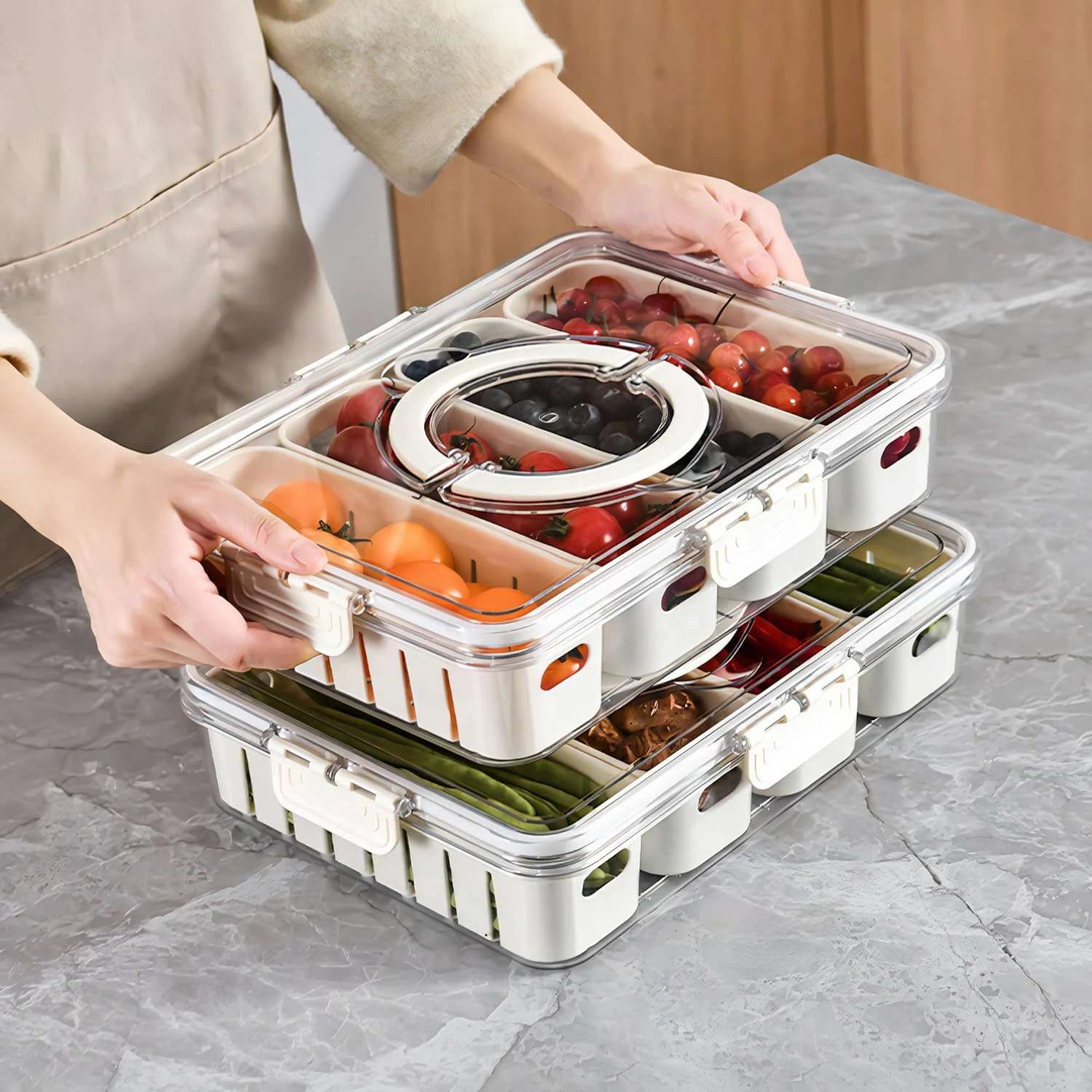 Фото Divided Veggie Tray with Lid and Handle 8 Compartment Serving Tray with Dividers Portable Travel Snack Containers Stackable Snac №5
