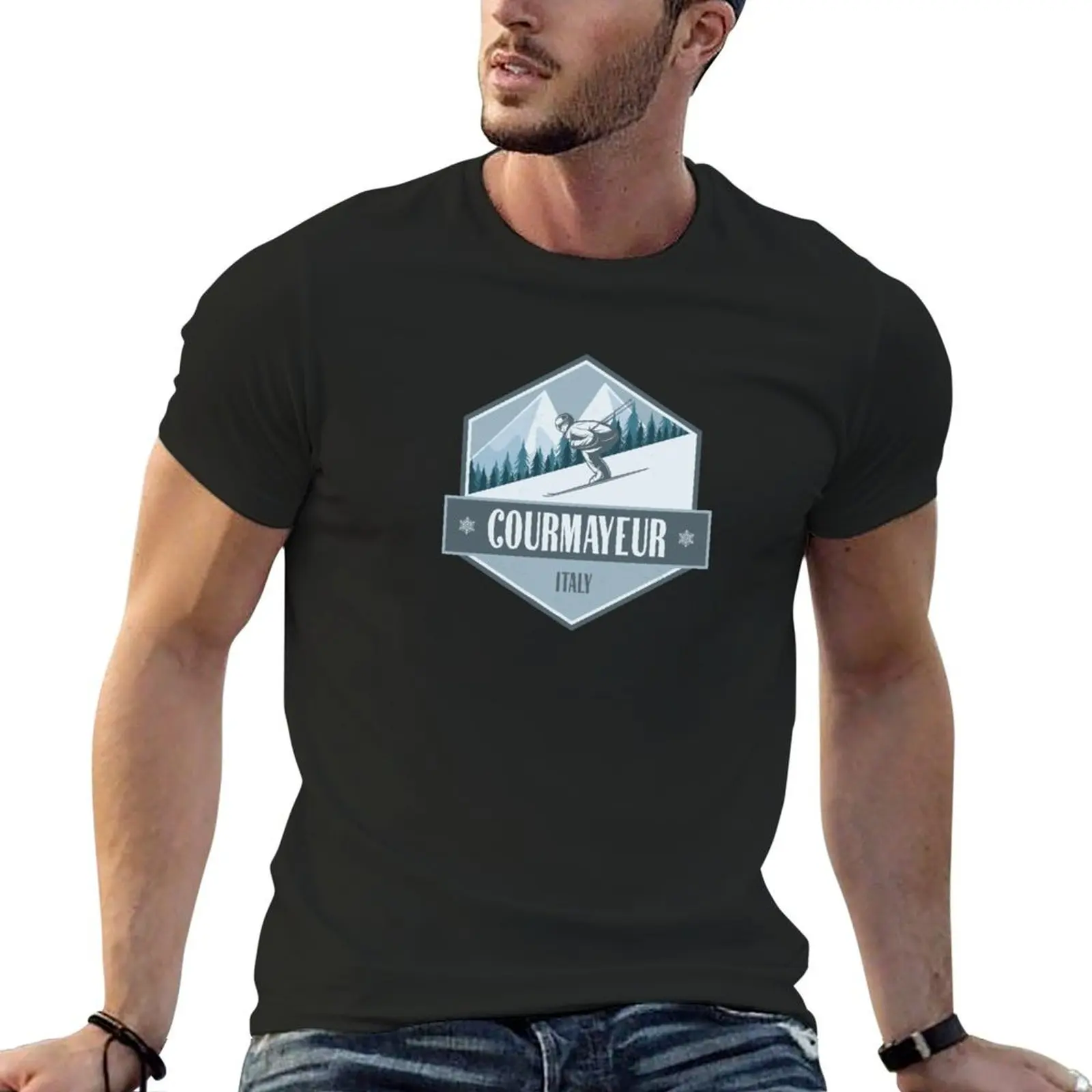 Винтажная Лыжная дизайнерская футболка Courmayeur, Италия, футболка с коротким рукавом, графическая футболка, черные футболки для мужчин