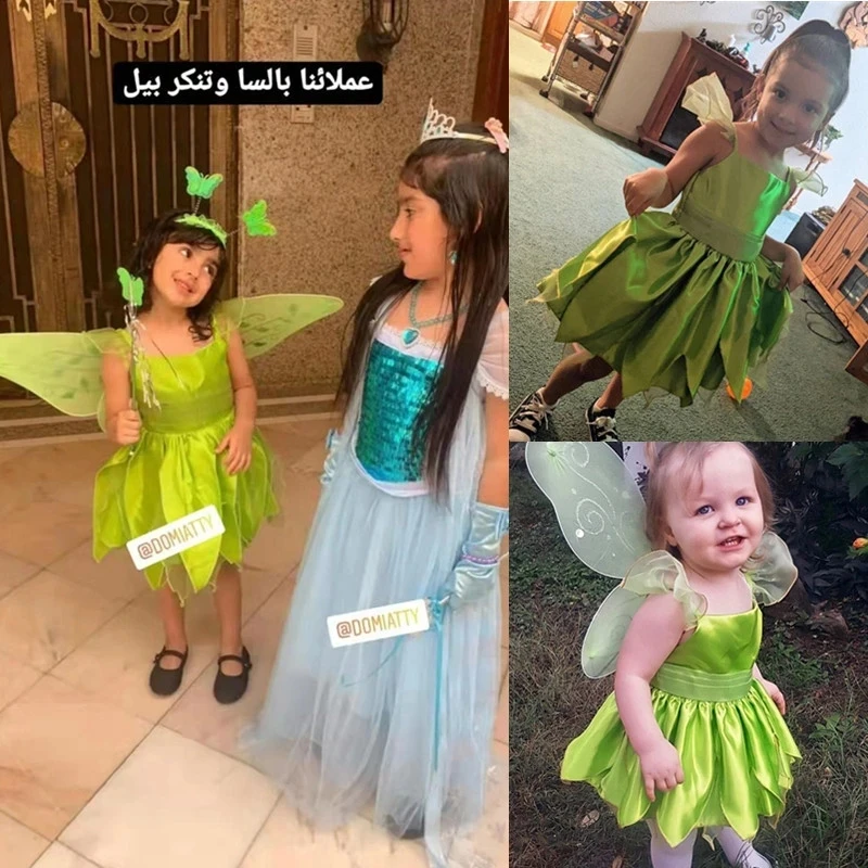 Фото Tinkerbell Kostuum Voor Flower Цветочная фея косплей наряды дети Хэллоуин Tinker Bell Groene Prinses платье для детей №2
