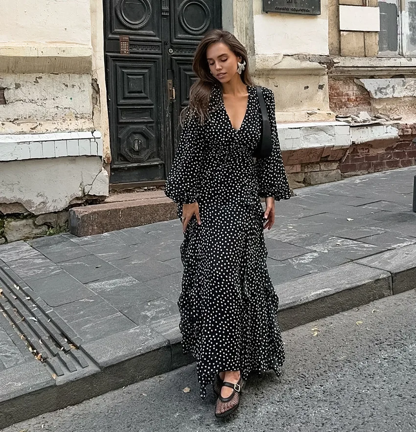 Jastie Элегантное вечернее платье в горошек с пышными рукавами для женщин, струящиеся платья трапециевидной формы с низким вырезом, осень-зима 2024, вечернее платье