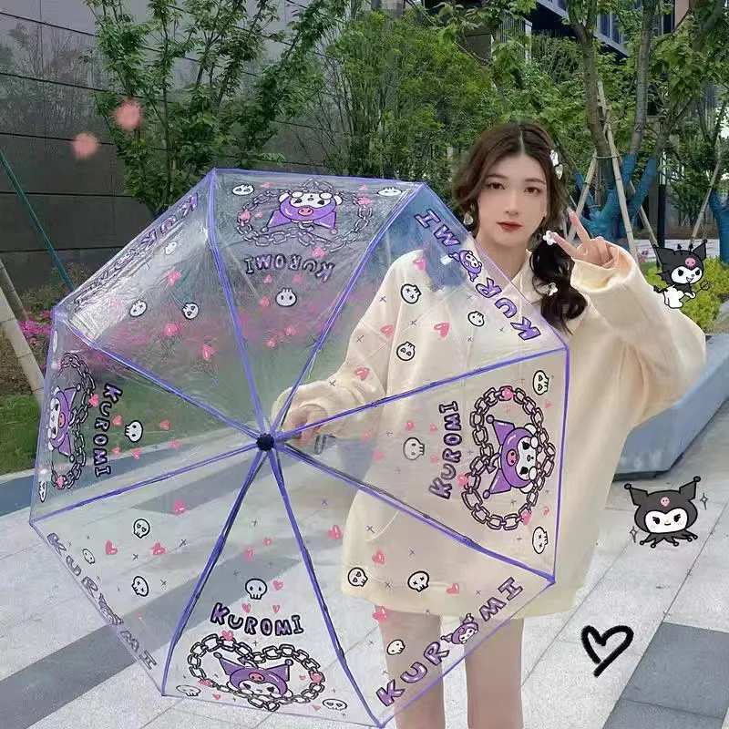 Фото Кавайная Sanrio Kartun Hello Kittys Cinnamoroll Payung прозрачная помада Otomatis Pegangan Panjang Siswa №3
