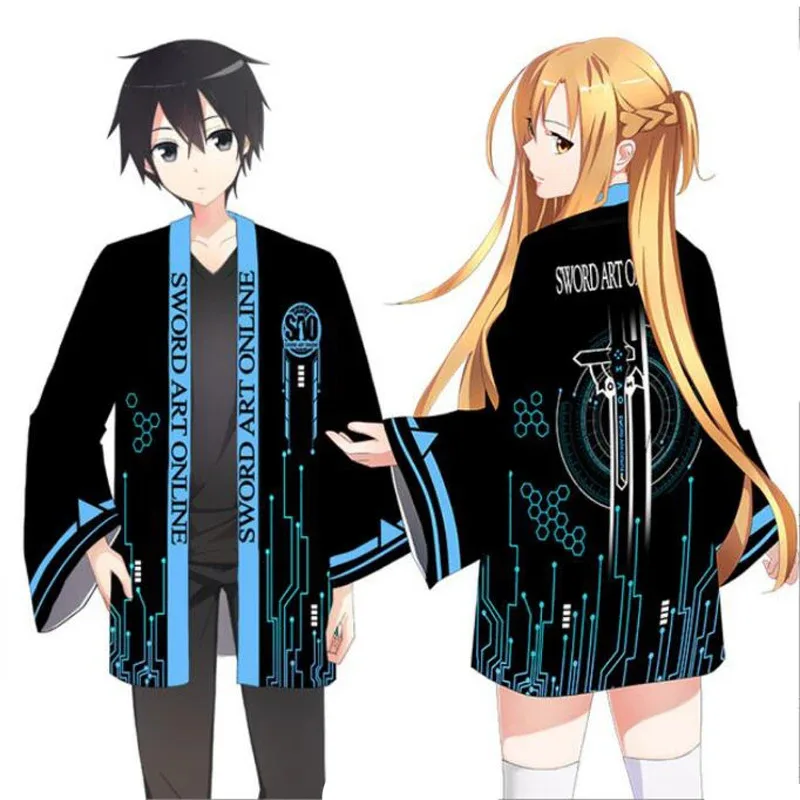Японское аниме SAO Sword Art Online Kirito Kirigaya Kazuto Yuuki Asuna Косплей Костюм Кимоно Кардиган Рубашка Хаори Оби Одежда
