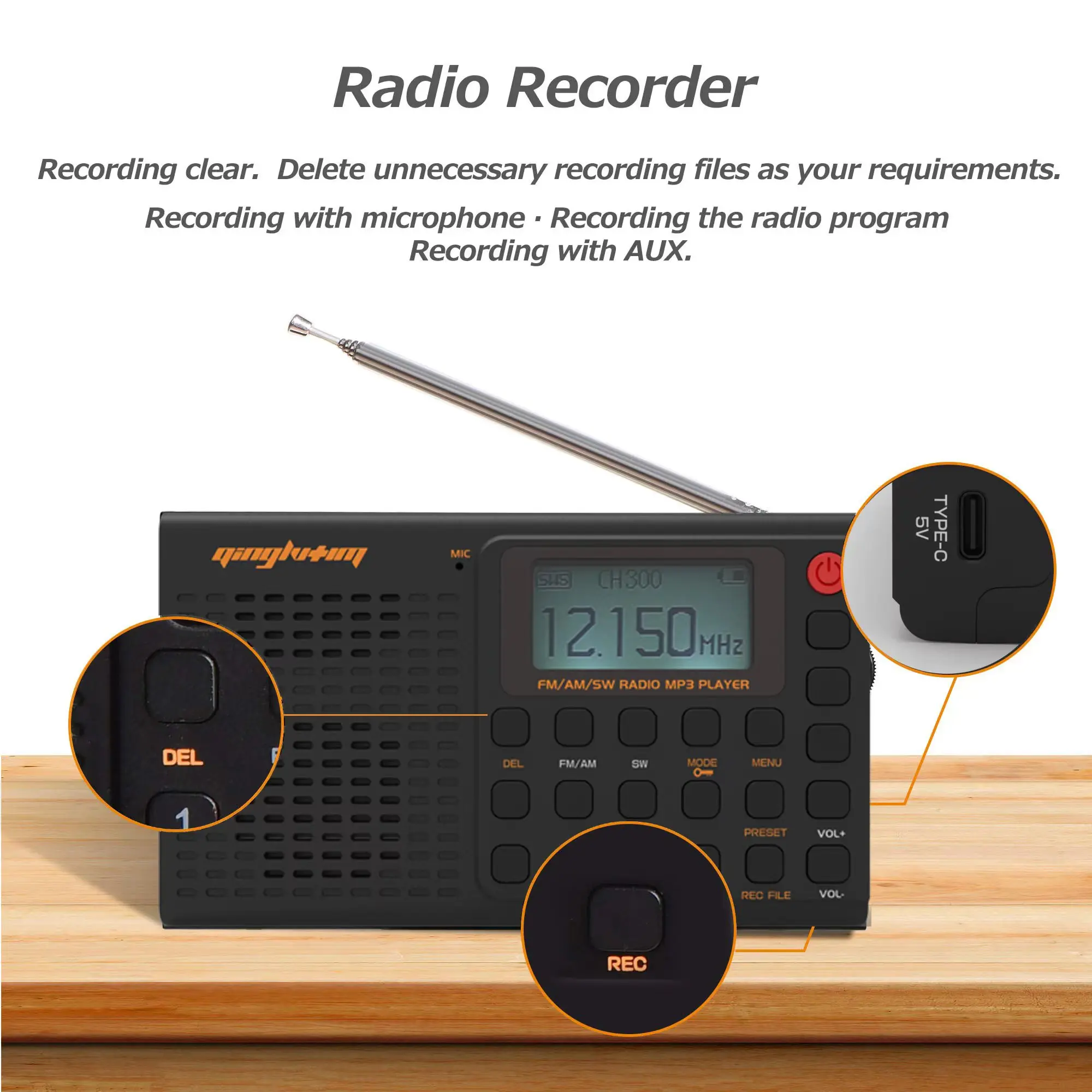 Портативный Полнодиапазонный радиомагнитофон Yorek AM/FM/SW, цифровое перезаряжаемое радио с Поддержкой записи и TF-карты с таймером сна