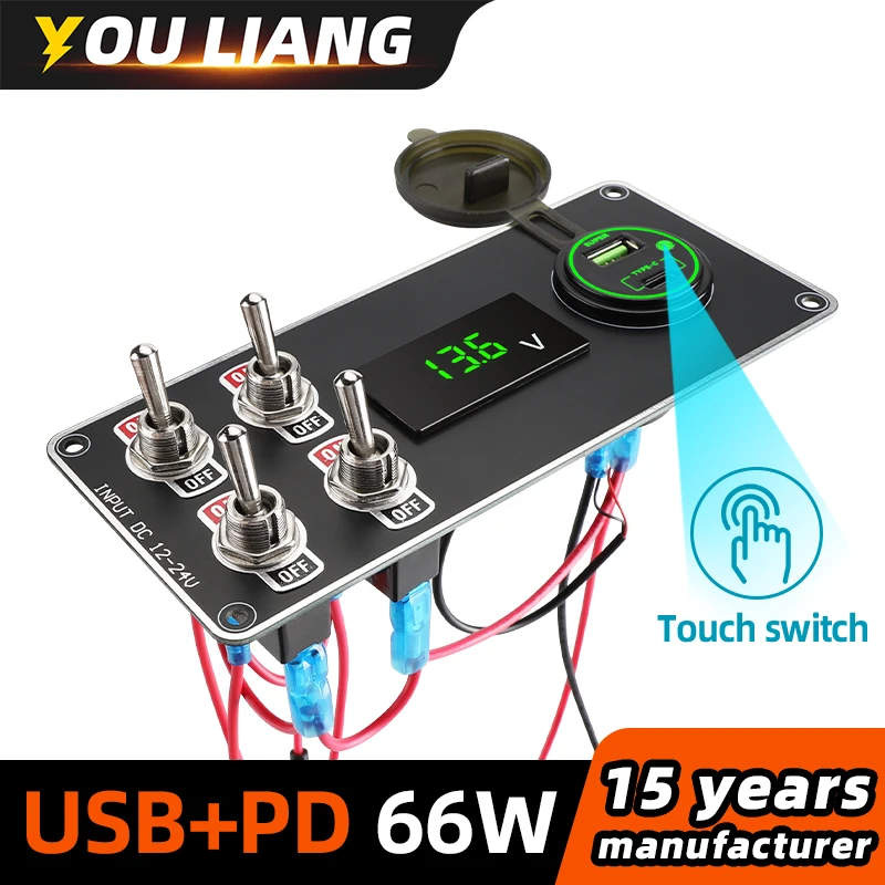 66 Вт QC3.0 и PD USB C Вольтметр с быстрой зарядкой 12 В/24 В 4-х групповая панель кулисного переключателя для кемпинга, автомобиля, морской лодки, автофургона, квадроцикла, аксессуары Автоэлектроника