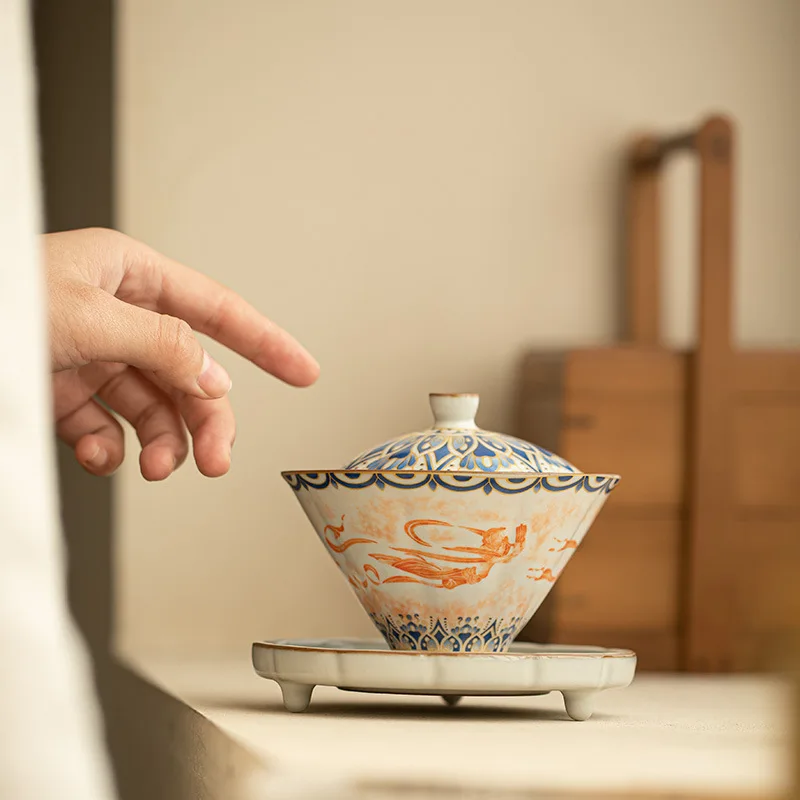 Фото Цзиндэчжэнь керамика растирание Kweichow Moutai Dunhuang Tureen кунг-фу чайный сервиз чашка Бамбуковая Шляпа Подкова набор гайвань, крытая чаша №3