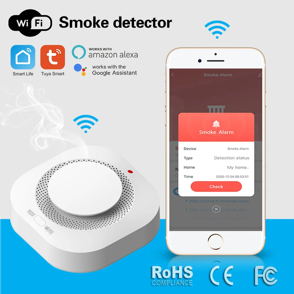 Датчик дыма Tuya Smart Life с Wi-Fi и датчиком движения