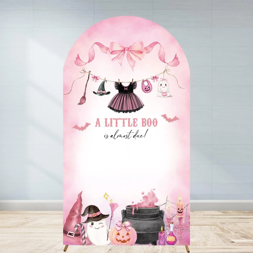 Розовый Хэллоуин Baby Shower Arch Backdroop Cover A Little Boo Is Almost Due Pastel Girl Bow Coquette Wall Эластичная приталенная ткань