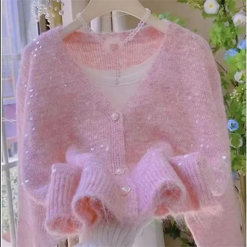 Новый весенний модный вязаный кардиган с блестками, женский сексуальный повседневный свободный свитер с v-образным вырезом и жемчужными пуговицами, милый шерстяной свитер, топы, мягкий трикотаж