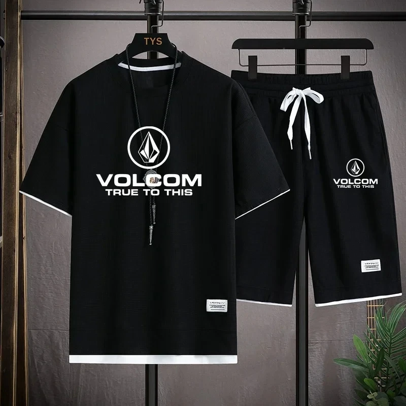 Фото Летний мужской спортивный костюм VOLCOM, футболка + шорты, спортивный костюм с принтом, повседневная модная футболка с короткими рукавами, мужской спортивный костюм №5