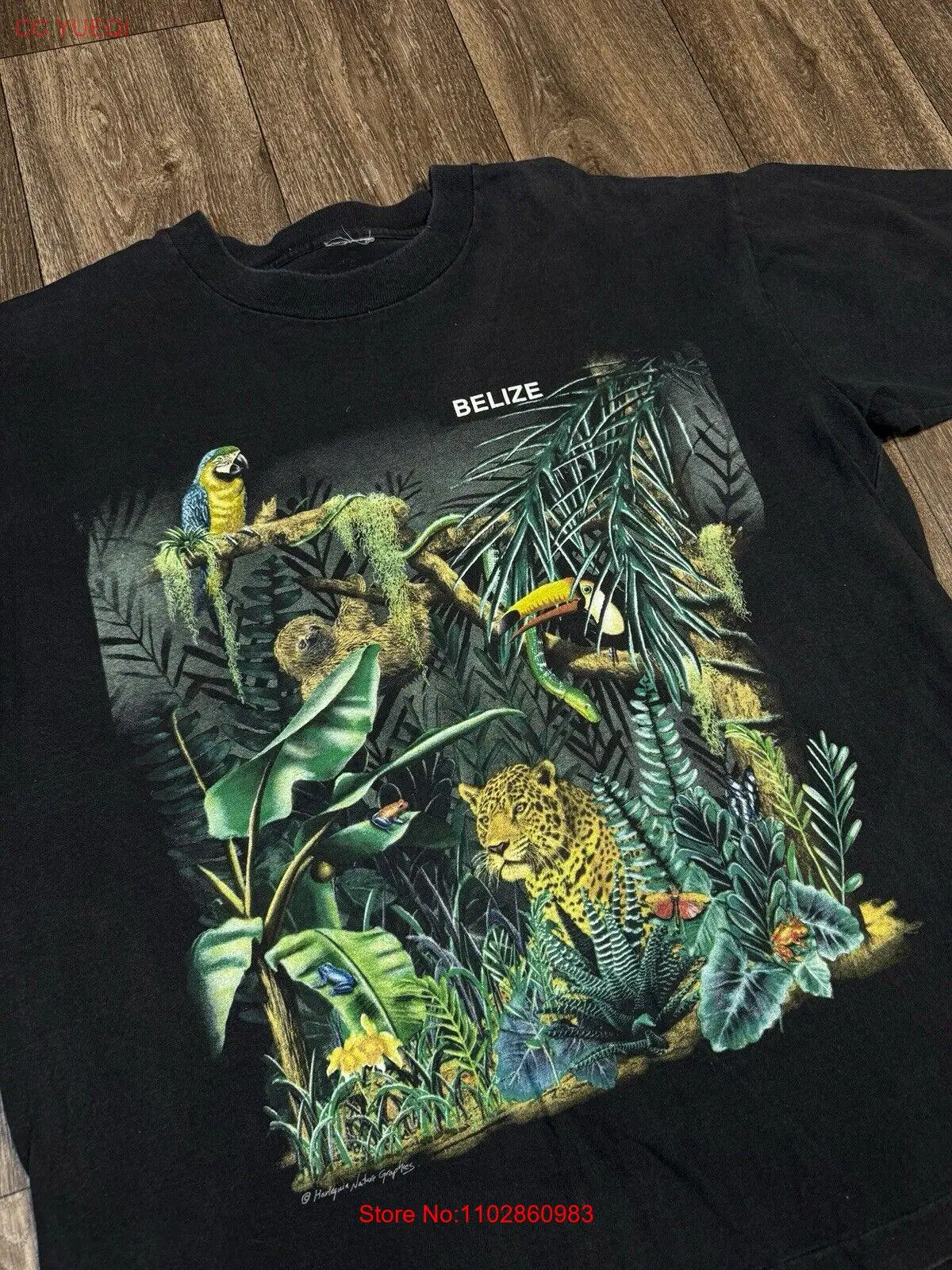 Винтажная черная футболка 90-х годов Belize Rainforest Toucan Leopard Nature Animal XL