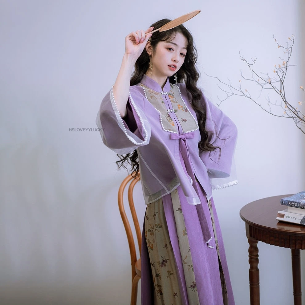Фото Spring And Summer Chinese Song Dynasty Improved Hanfu Women Top Women Gental Long-sleeve Top And Half Skirt two-piece Purple Set №5