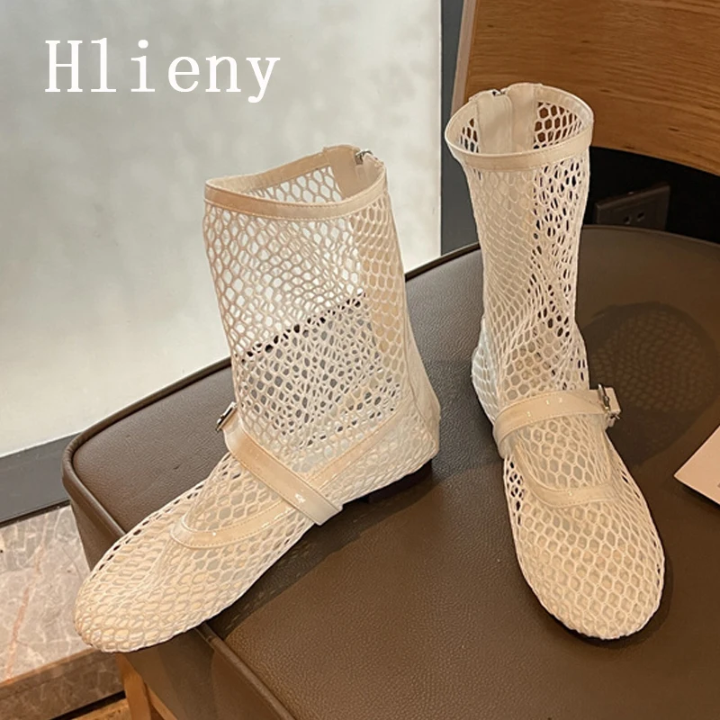 Фото Hlieny/летние женские ботинки из дышащей сетки с пряжкой и ремешком, туфли на плоской подошве с круглым носком и молнией, размер 35-43 №2