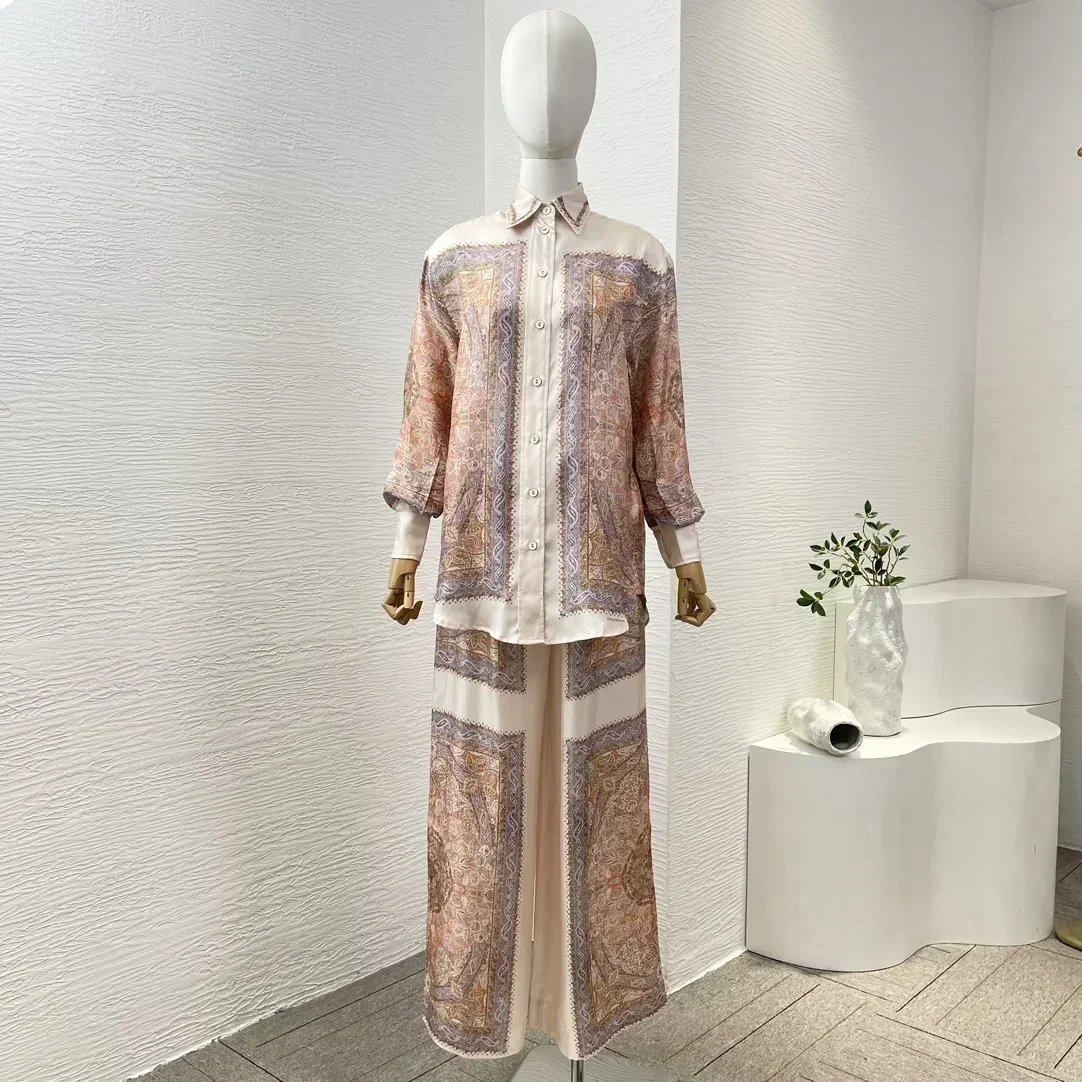 Фото Paisley Twill Silk Re-tro Лето Осень Женская последняя новая блузка с длинными рукавами и широкие брюки Свободный праздничный комплект №2