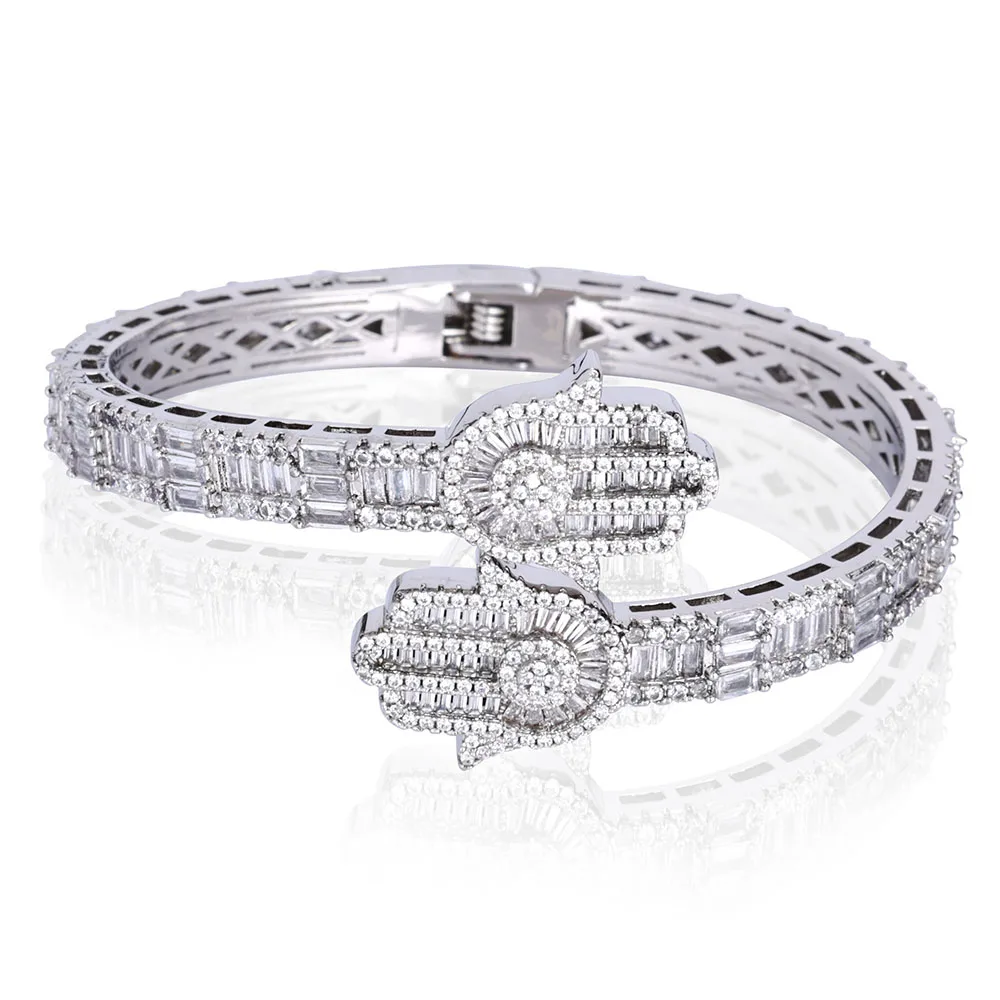 Нью-Йорк Full Pave Iced Baguette CZ Stone Hamsa Hand Charm Браслет Браслет Для Мужчин Женщин Хип-Хоп Ювелирные Изделия Подарок