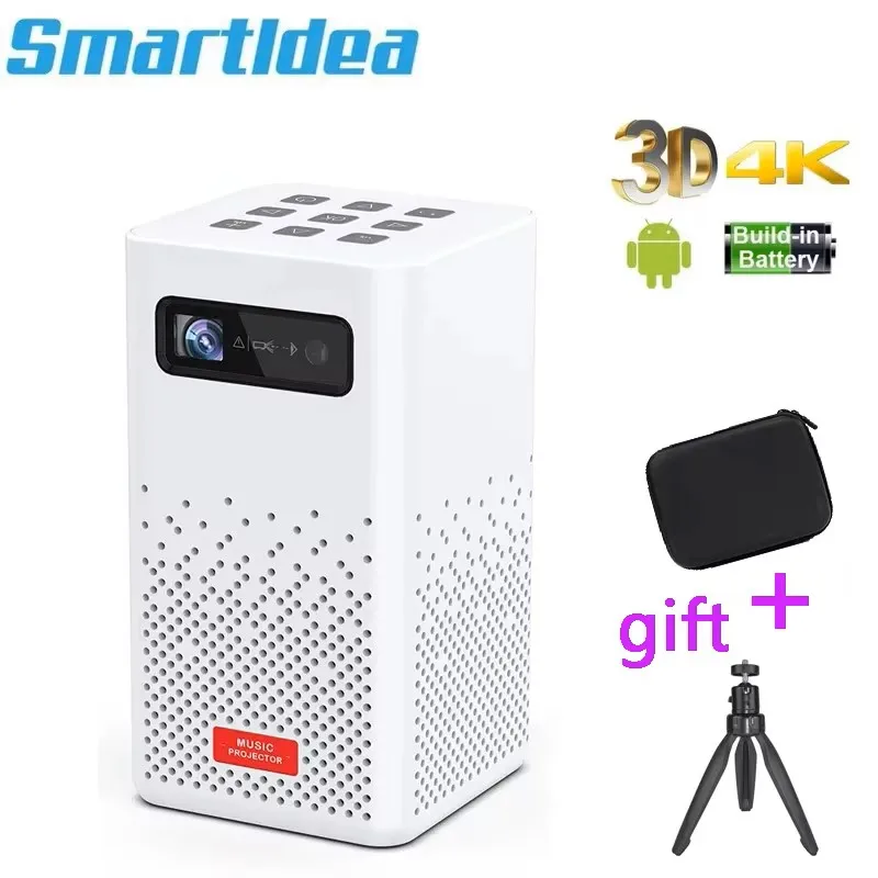 Проектор Smartldea Smart Mini DLP с поддержкой 1080P 4K 3D BT, беспроводного зеркалирования, автоматической коррекции трапецеидальных искажений, встроенного аккумулятора для кемпинга на открытом воздухе