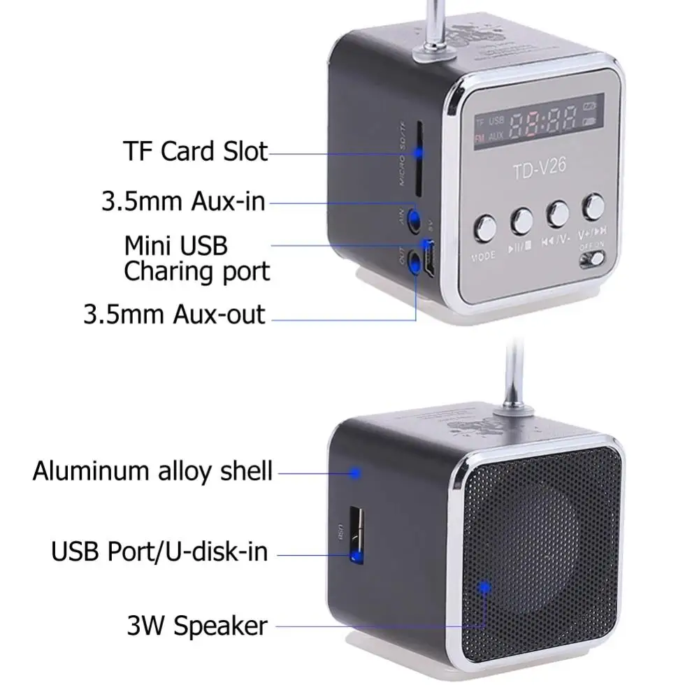 Фото TD-V26 Мини FM-радио Портативный перезаряжаемый Bluetooth-динамик USB TF MP3-плеер с разъемом для наушников 3,5 мм Открытый радио FM-приемник №4