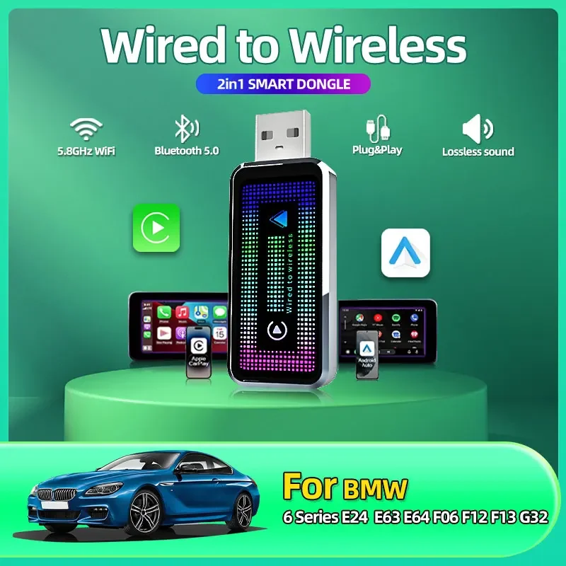 Беспроводной адаптер Carplay Android Auto 2 в 1 Smart Dongle 2025 5G WIFI для iphone Android Телефон для BMW 6 серии E24 E63 E64 F06