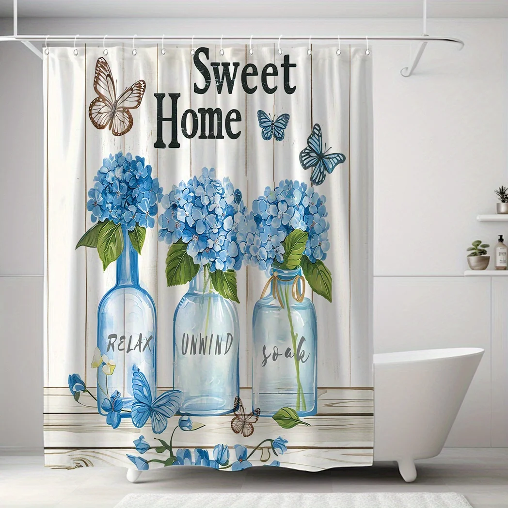 1 шт. занавеска для душа Sweet Home с цветочным принтом — синяя гортензия и бабочка, полиэстер, 71x71 дюйма, 12 крючков, влагоотталкивающая, легко чистится