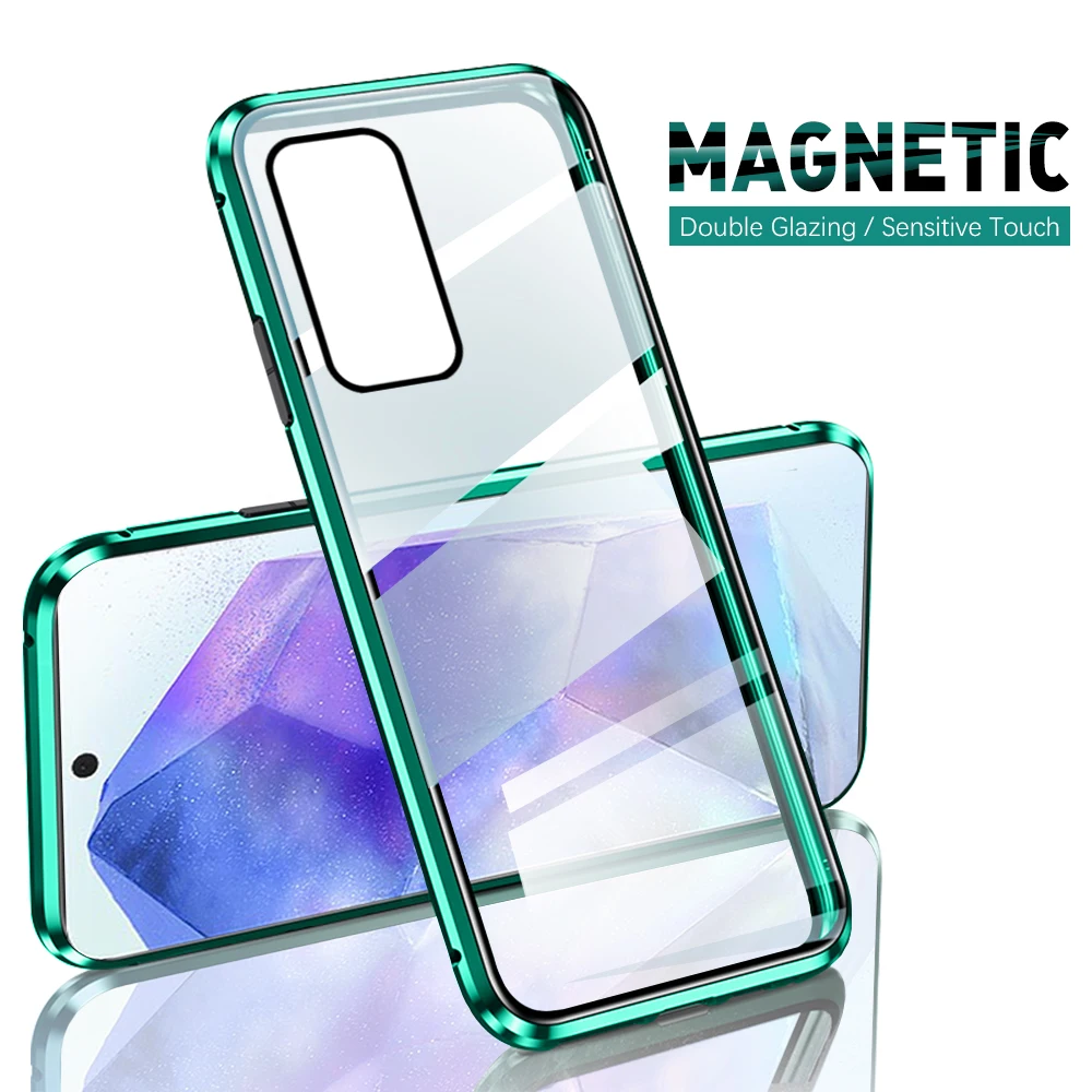Чехол для Samsung Galaxy A55, Магнитный флип-чехол на 360 °, двухсторонний чехол из закаленного стекла для SamsungA55 GalaxyA55 Sumsung A 55 55 55A, зеркальные чехлы