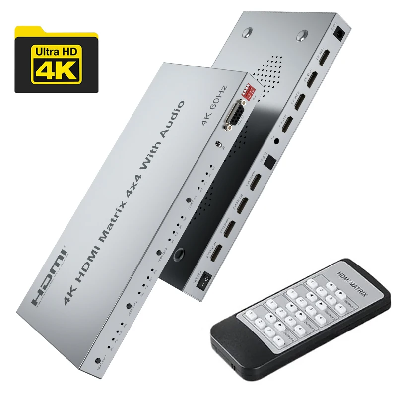 Матричный коммутатор 4K HDMI, 4 входа, 4 выхода, 4K, 30 Гц/60 Гц, матричный HDMI-переключатель, разветвитель с оптическим аудиоэкстрактором/3,5 мм для ПК, ноутбука, телевизора